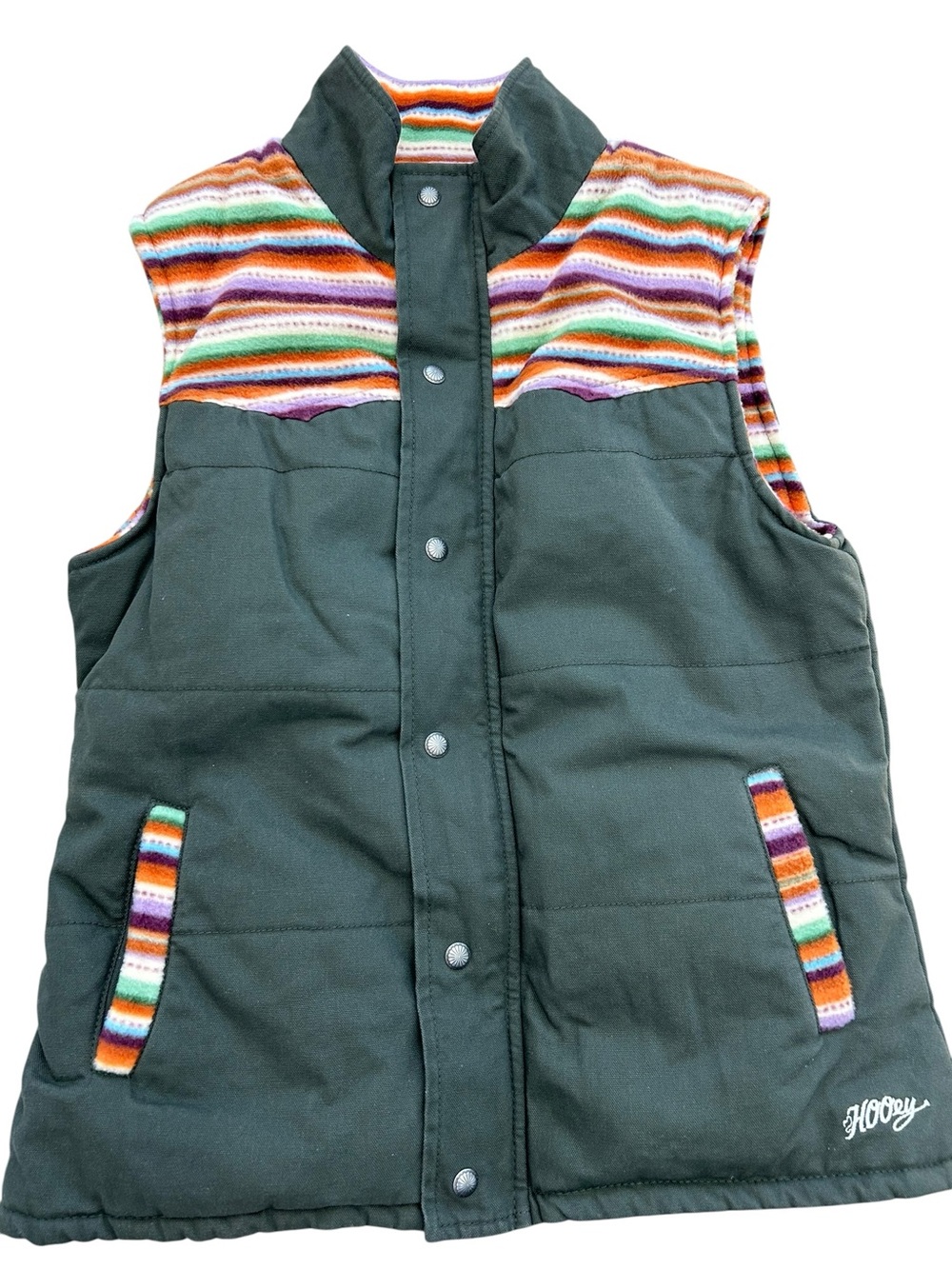 Hooey Multicolor Striped Olive Green Canvas Vest Fleece Lined Womens Size Medium
